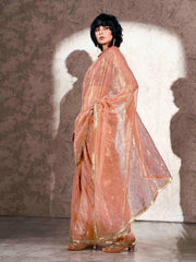 Peach colored shimmer net saree with sequence embroidery and sequinned tassle lace