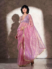 Pink colored shimmer net saree with sequence embroidery and sequinned tassle lace