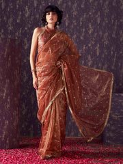 Rust colored shimmer net saree with sequence embroidery and sequinned tassle lace