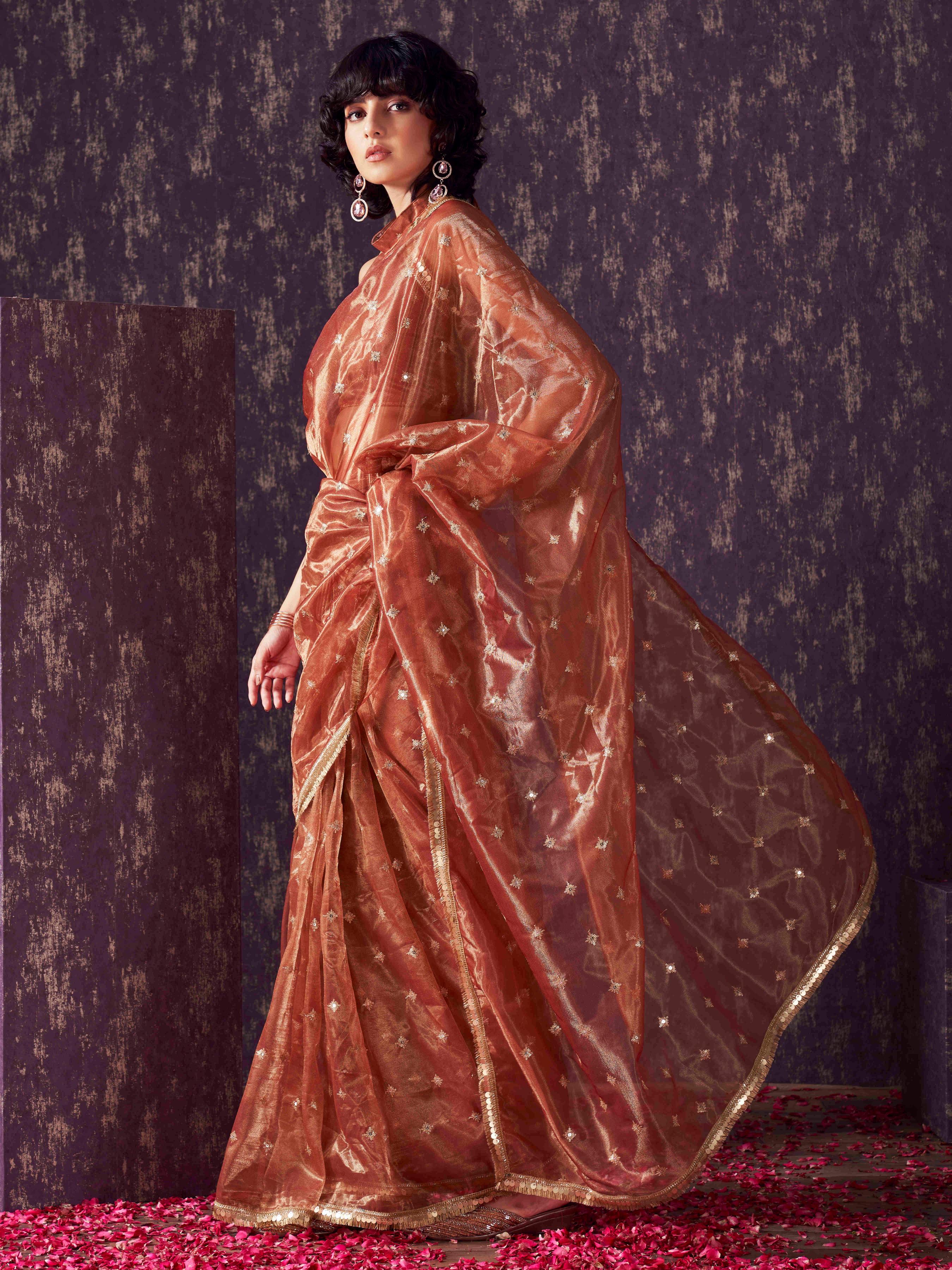 Rust colored shimmer net saree with sequence embroidery and sequinned tassle lace