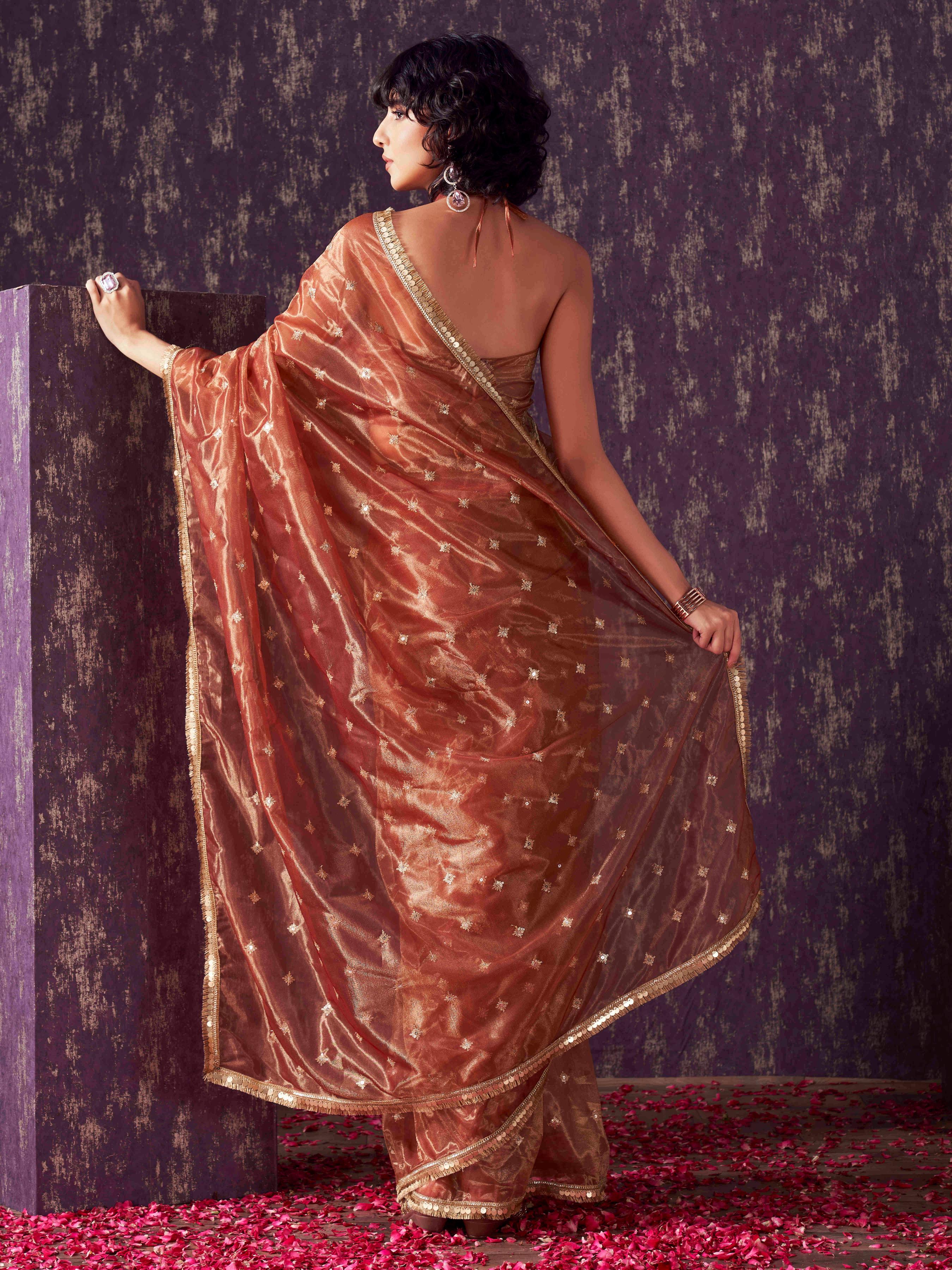 Rust colored shimmer net saree with sequence embroidery and sequinned tassle lace