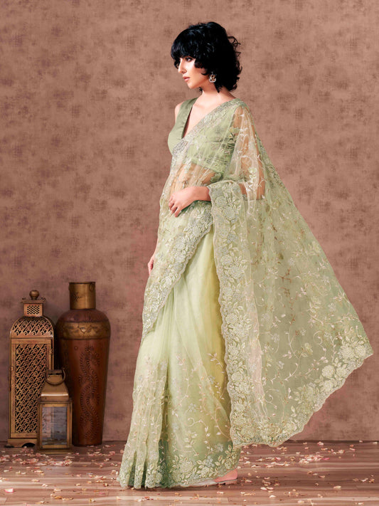 Green colored embroidered net saree  with scalloped border