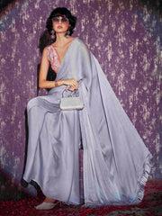 Two tone grey and pink colored satin chiffon saree with tassles and satin printed pleated blouse