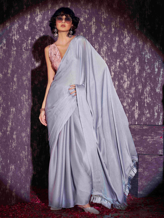 Two tone grey and pink colored satin chiffon saree with tassles and satin printed pleated blouse