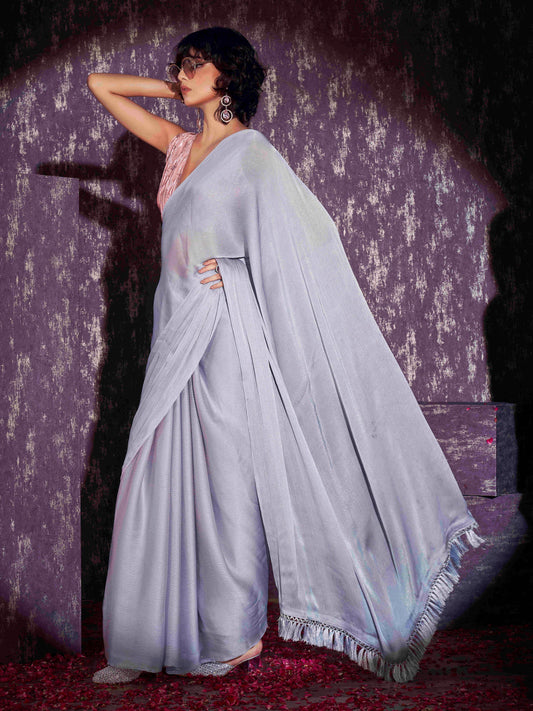 Two tone grey and pink colored satin chiffon saree with tassles and satin printed pleated blouse