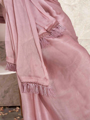 Pink colored satin chiffon saree with tassles and satin printed pleated blouse