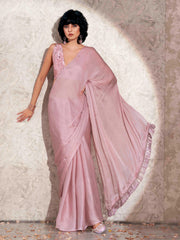 Pink colored satin chiffon saree with tassles and satin printed pleated blouse