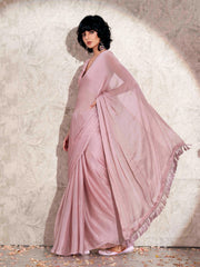 Pink colored satin chiffon saree with tassles and satin printed pleated blouse