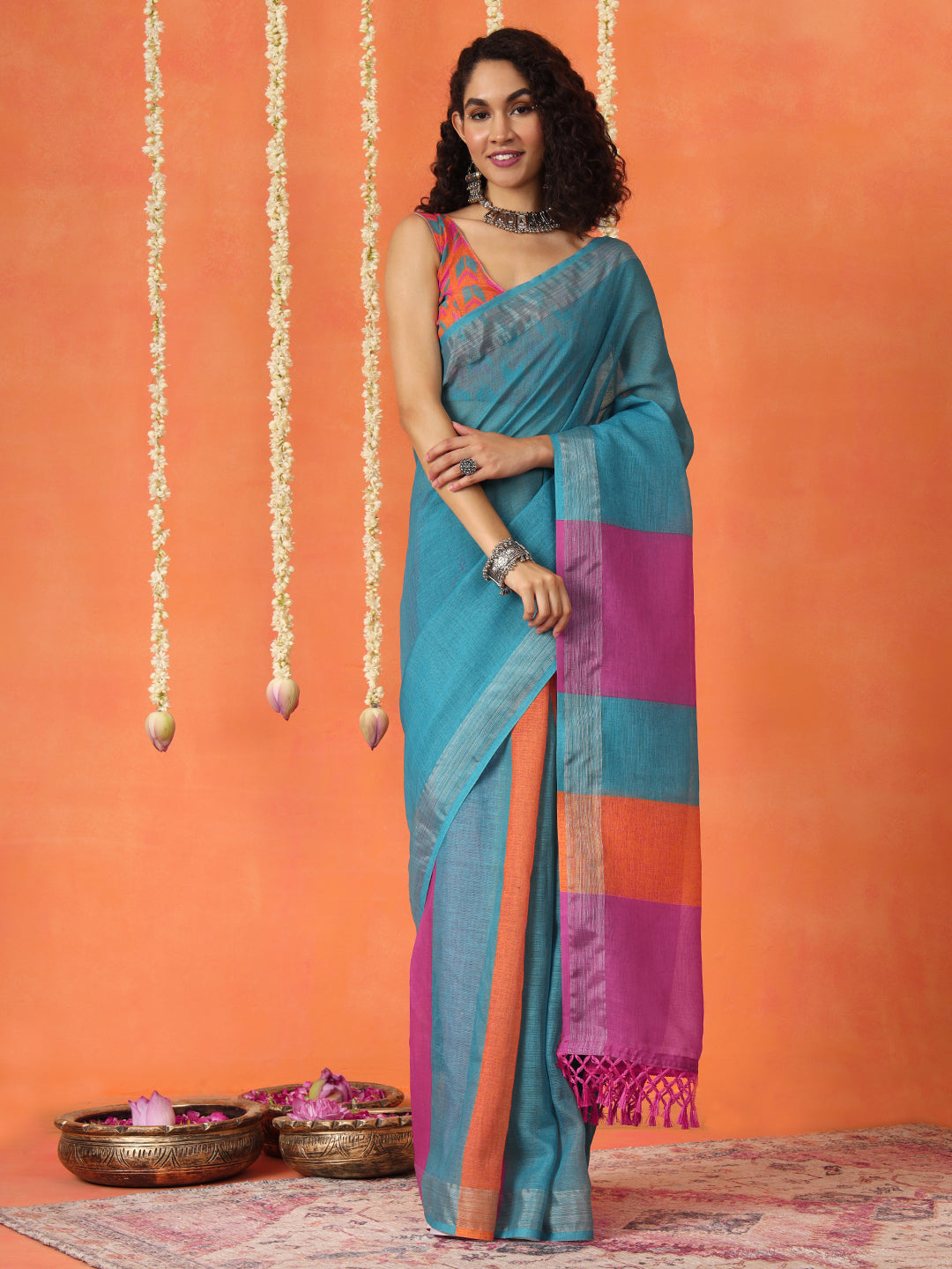 Multicolored cotton blend digital printed striped saree with tassles