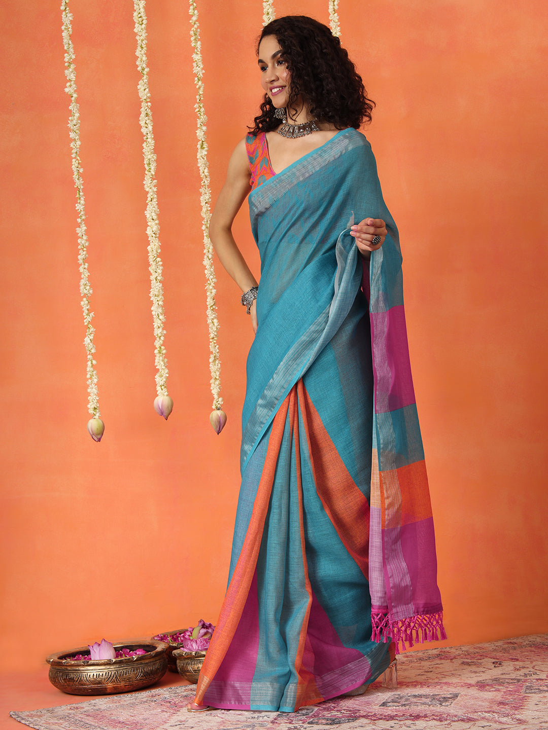 Multicolored cotton blend digital printed striped saree with tassles