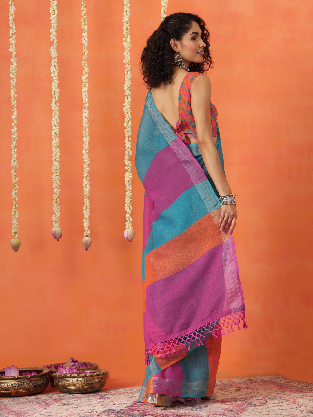 Multicolored cotton blend digital printed striped saree with tassles