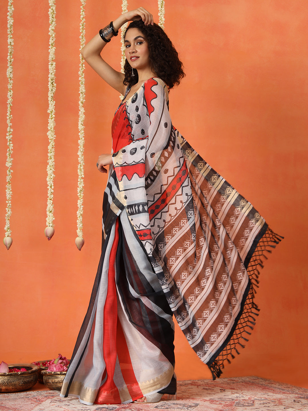 Multicolored cotton blend digital printed striped saree with tassles