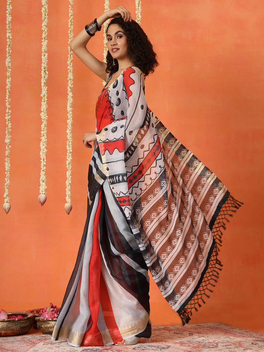 Multicolored cotton blend digital printed striped saree with tassles