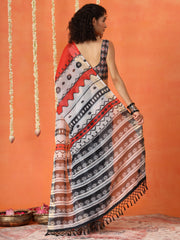 Multicolored cotton blend digital printed striped saree with tassles