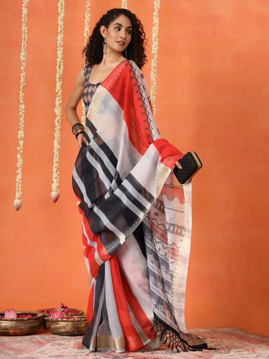 Multicolored cotton blend digital printed striped saree with tassles