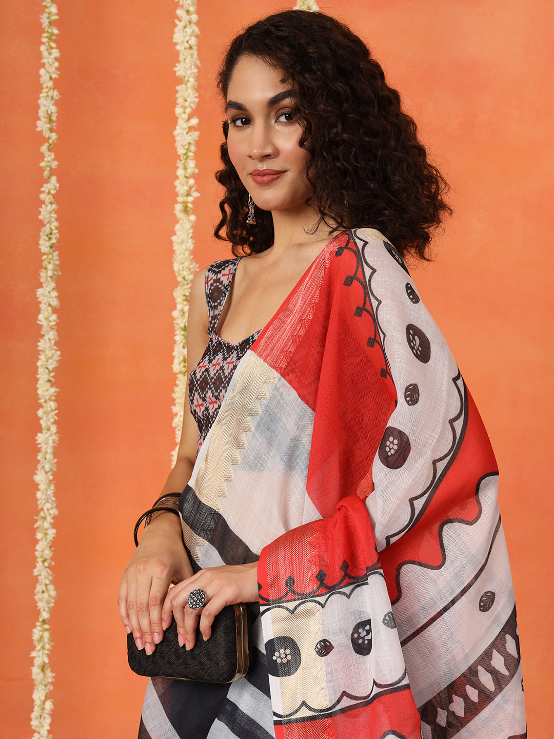 Multicolored cotton blend digital printed striped saree with tassles