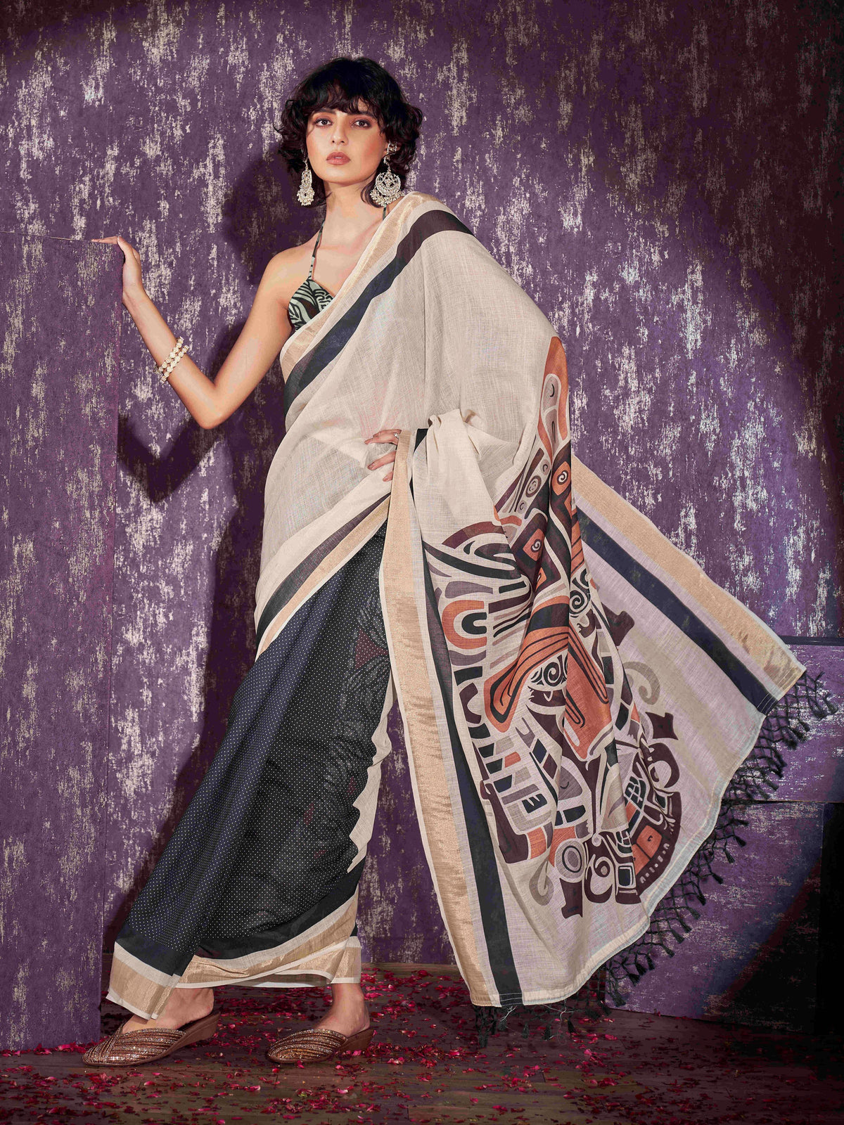 Beige and mustard colored cotton blend digital printed striped saree with tassles