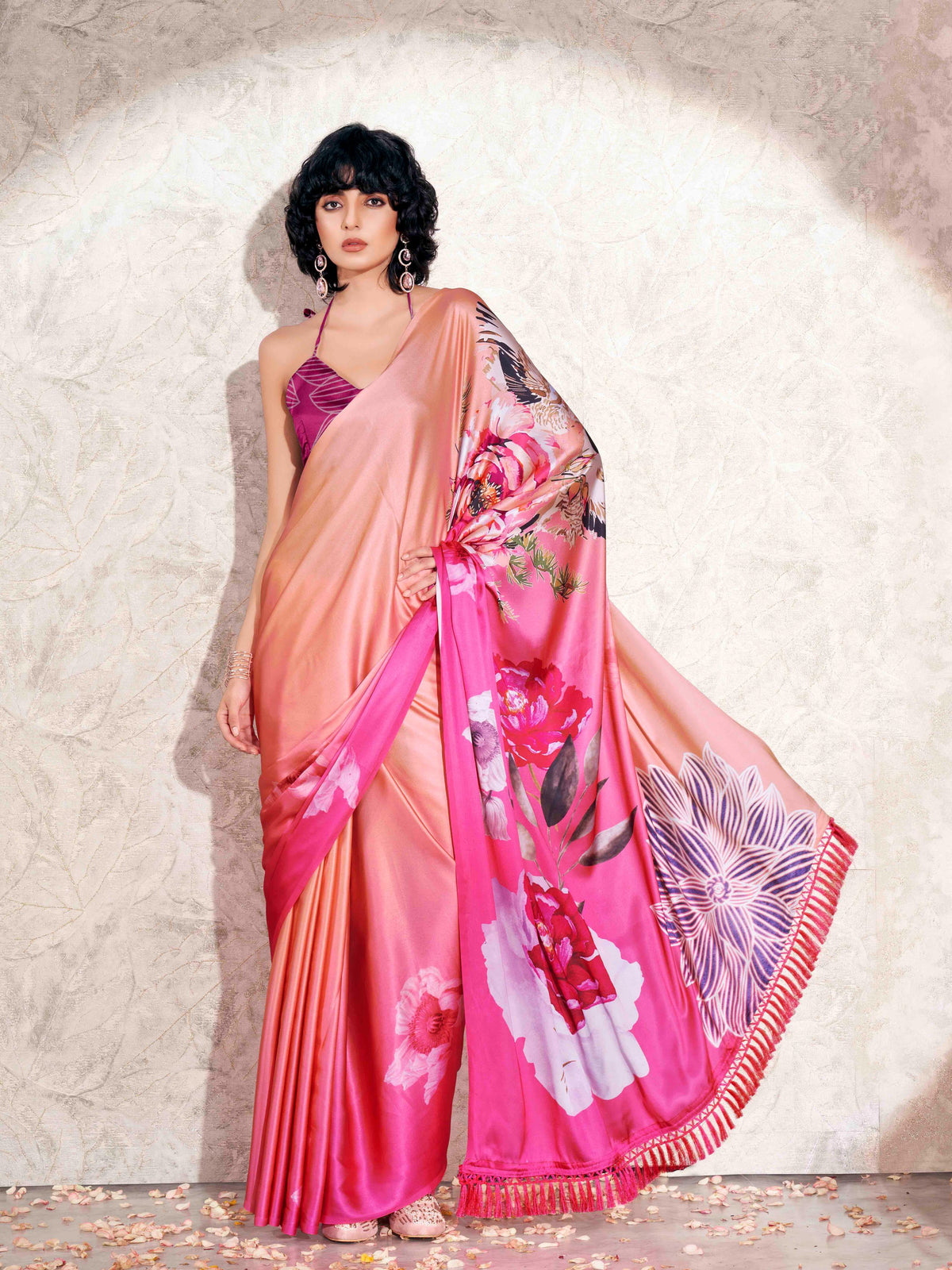 Pink colored digital printed floral design with tassles on pallu