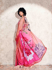 Pink colored digital printed floral design with tassles on pallu