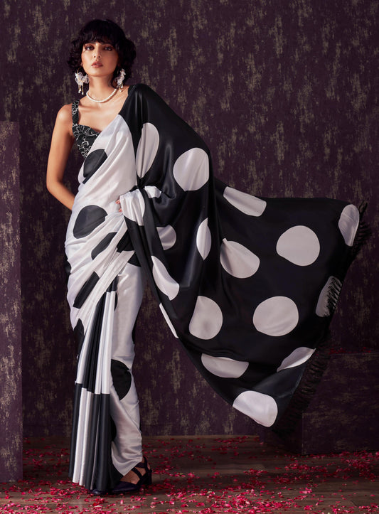 Two ways wearable polka dots and striped digital printed satin sarees with tassles