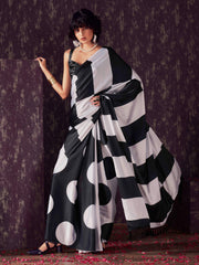 Two ways wearable polka dots and striped digital printed satin sarees with tassles