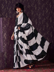 Two ways wearable polka dots and striped digital printed satin sarees with tassles