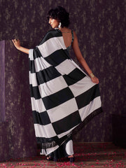 Two ways wearable polka dots and striped digital printed satin sarees with tassles