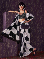 Two ways wearable polka dots and striped digital printed satin sarees with tassles