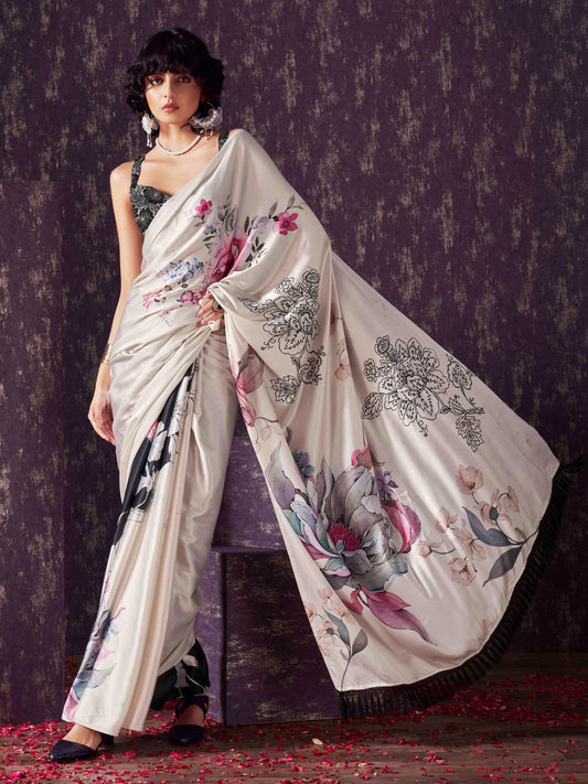 Two ways wearable cream and black colored digital printed floral satin saree with tassles