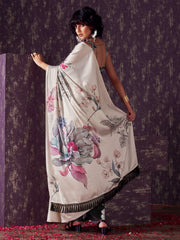 Two ways wearable cream and black colored digital printed floral satin saree with tassles