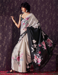 Two ways wearable cream and black colored digital printed floral satin saree with tassles