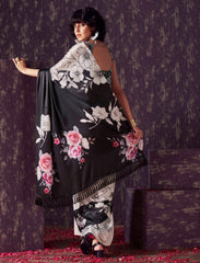 Two ways wearable cream and black colored digital printed floral satin saree with tassles