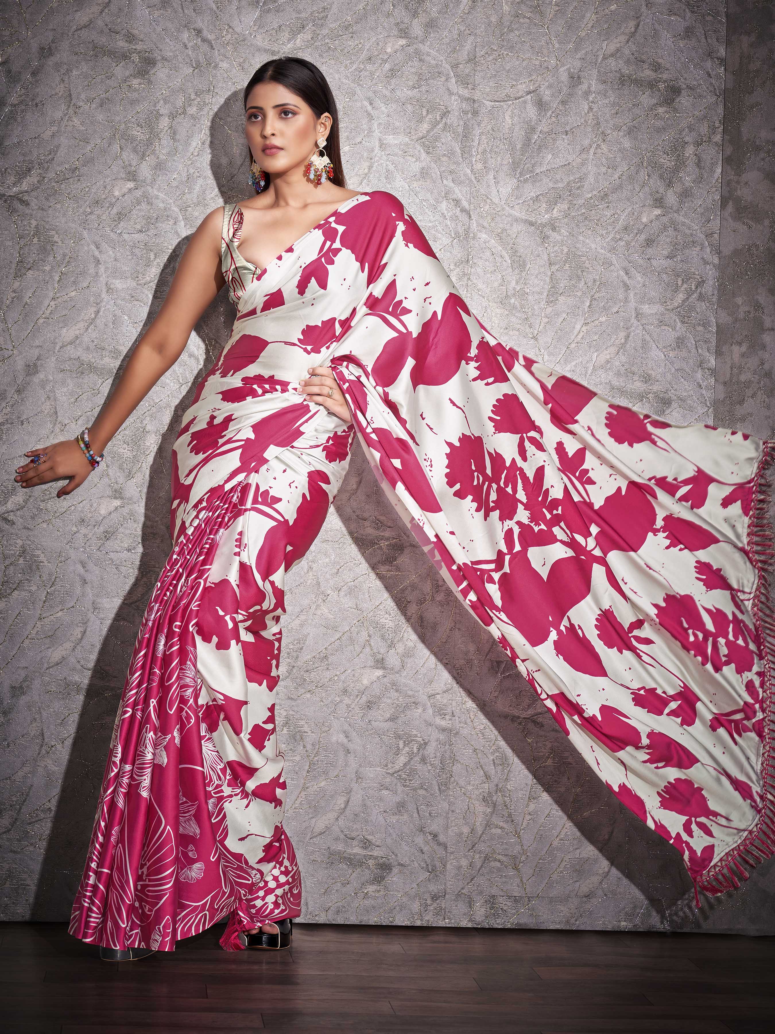 Two ways wearable cream and pink colored digital printed floral satin saree with tassles