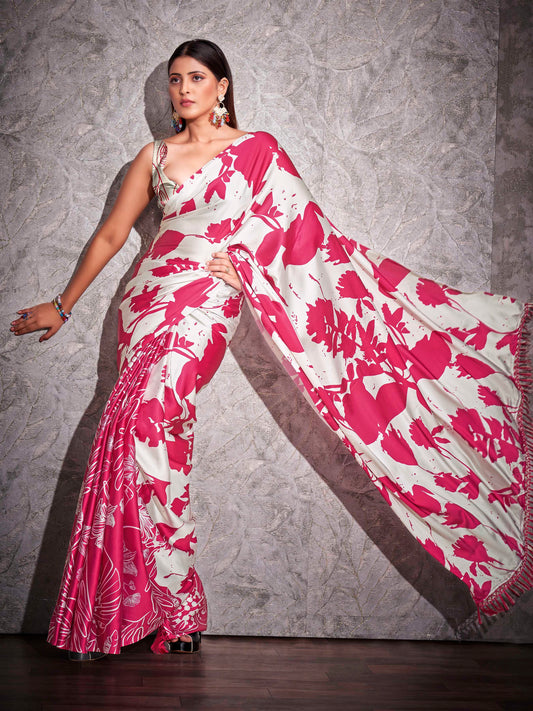 Two ways wearable cream and pink colored digital printed floral satin saree with tassles