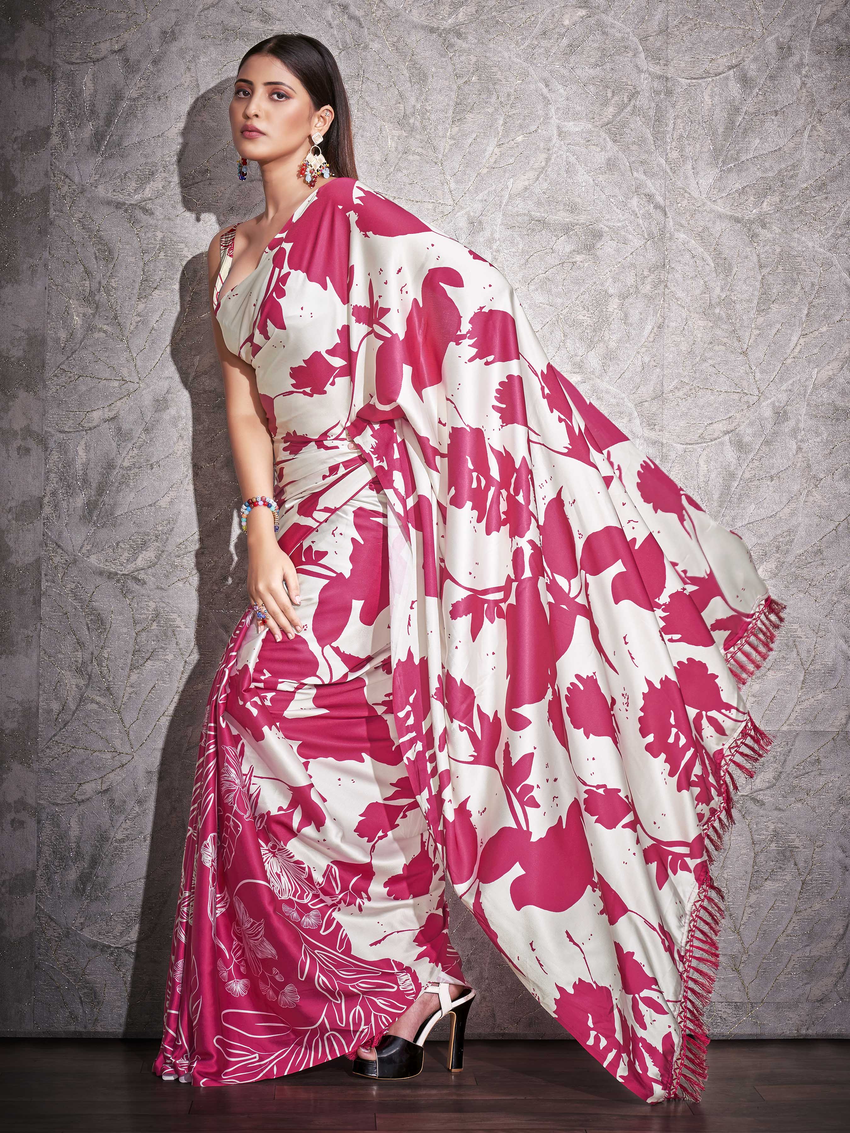 Two ways wearable cream and pink colored digital printed floral satin saree with tassles