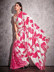 Two ways wearable cream and pink colored digital printed floral satin saree with tassles