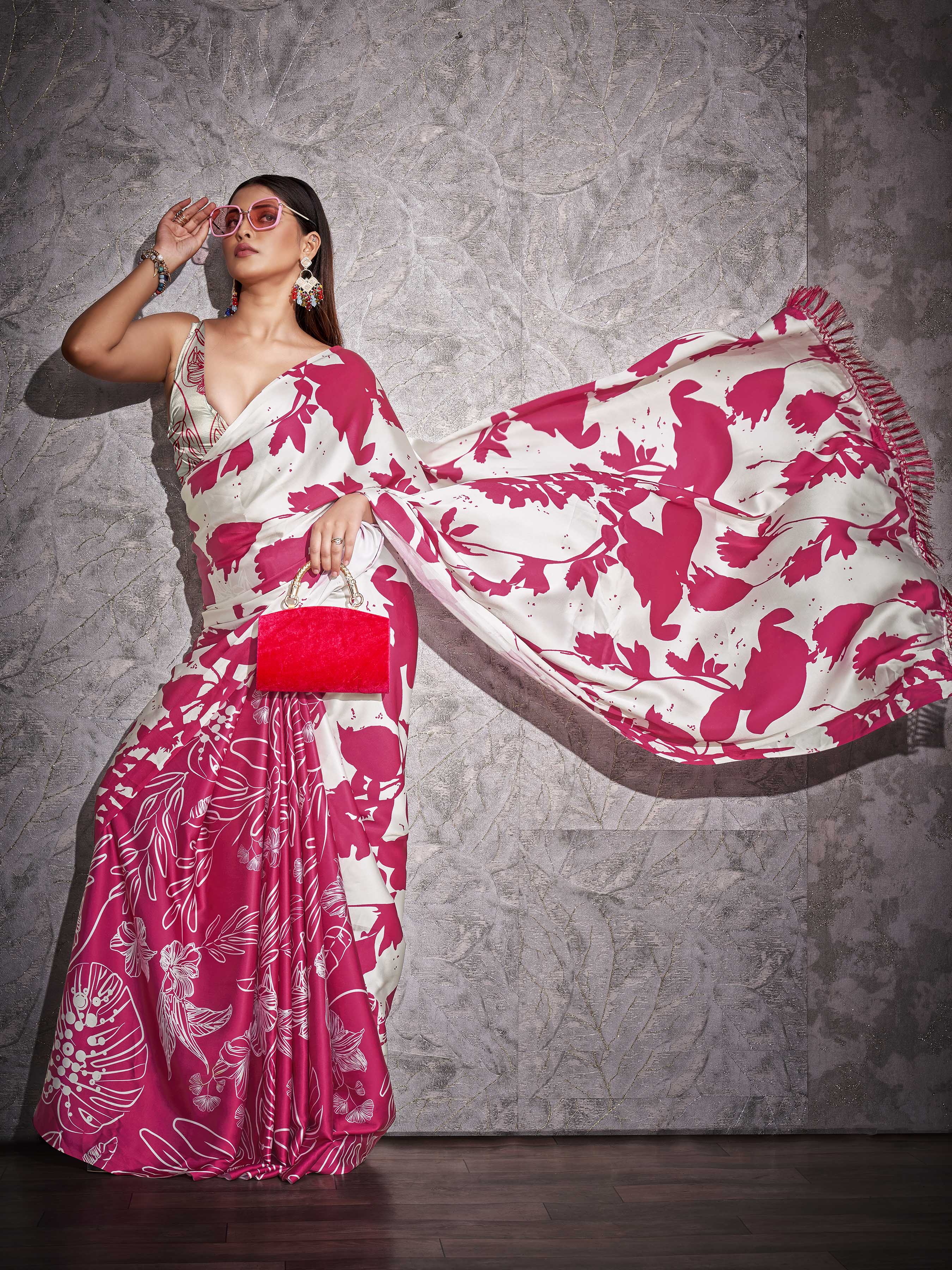 Two ways wearable cream and pink colored digital printed floral satin saree with tassles