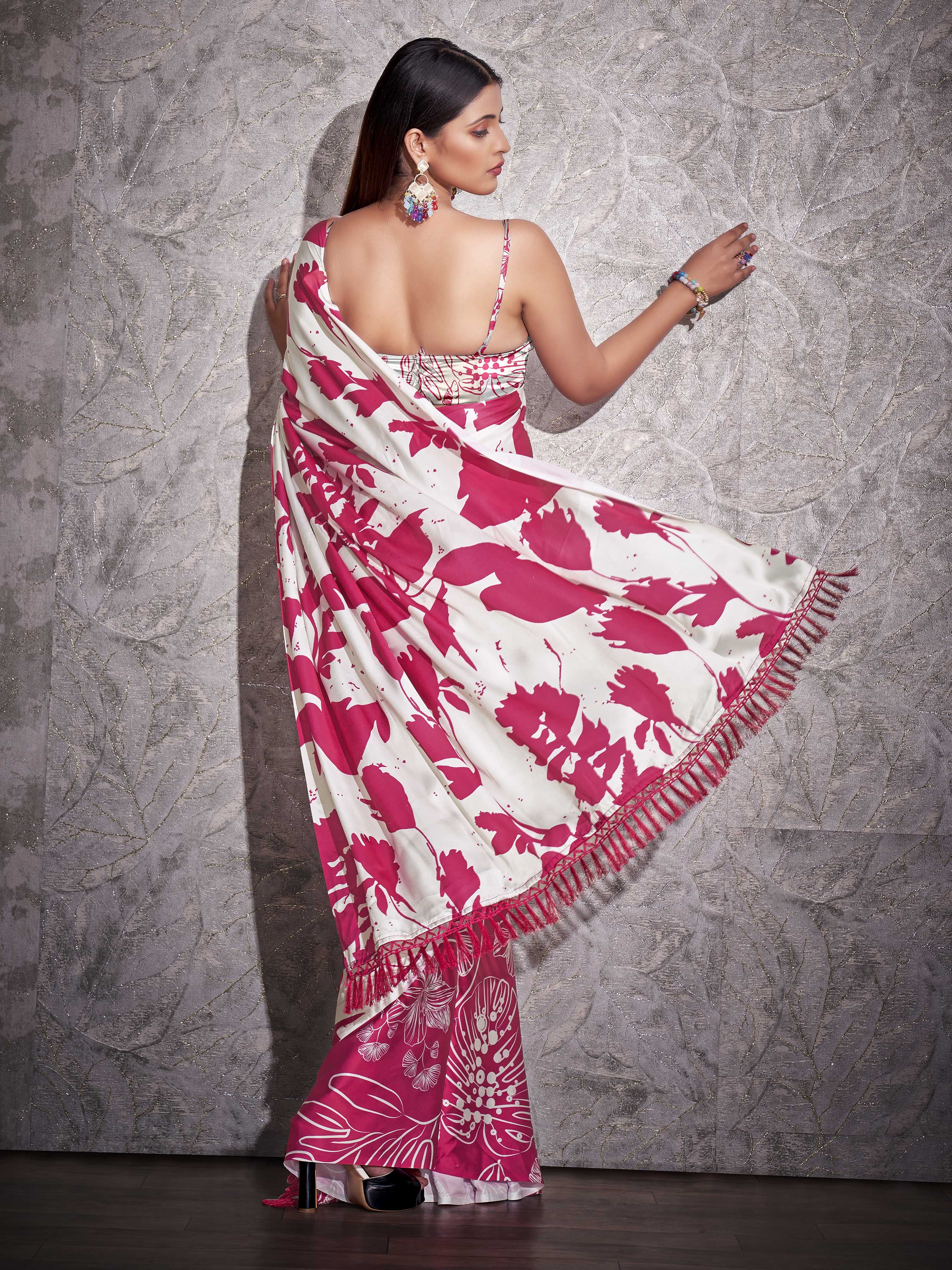 Two ways wearable cream and pink colored digital printed floral satin saree with tassles