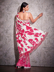 Two ways wearable cream and pink colored digital printed floral satin saree with tassles