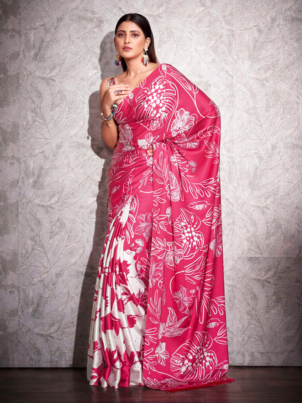 Two ways wearable cream and pink colored digital printed floral satin saree with tassles