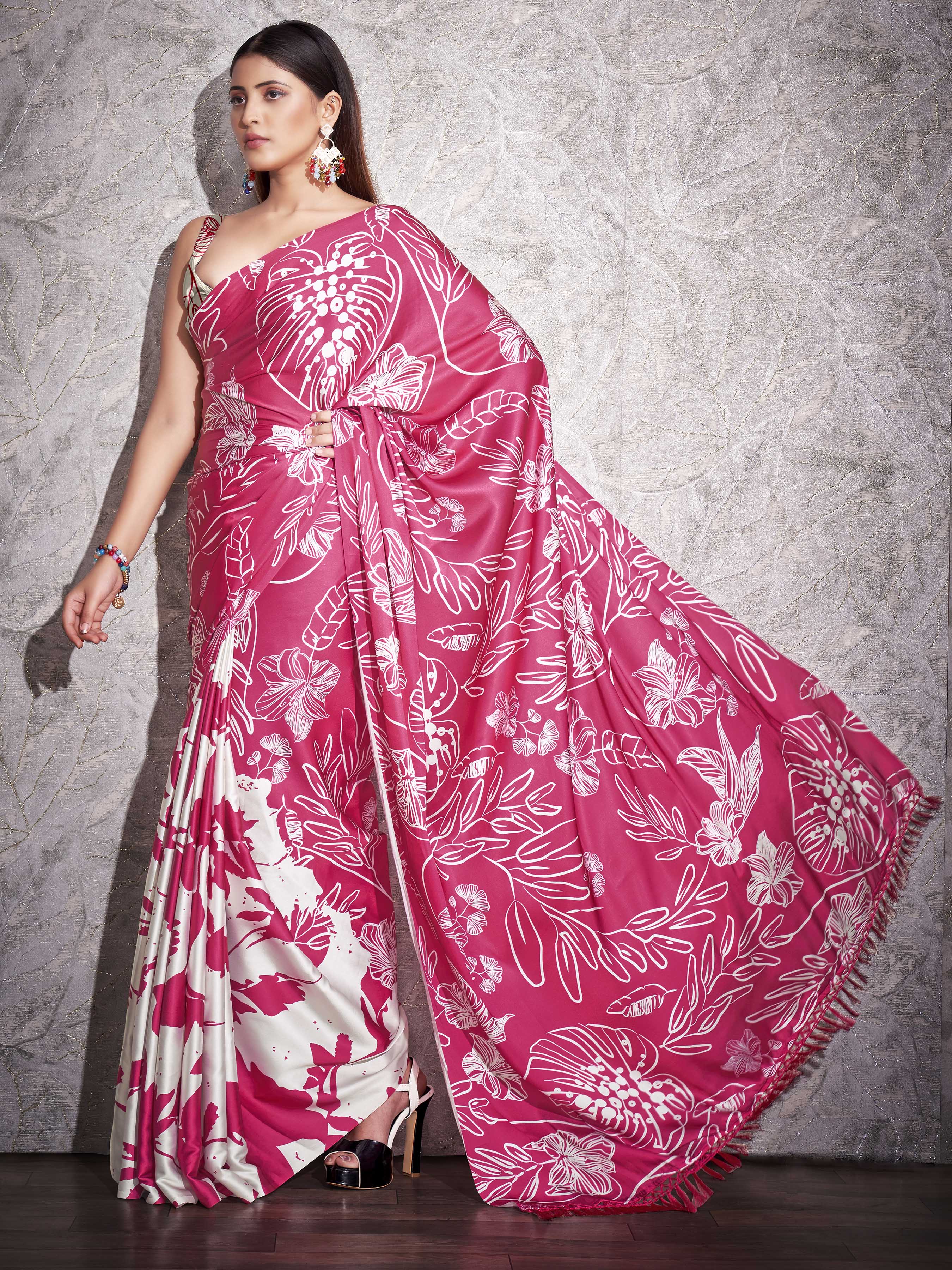 Two ways wearable cream and pink colored digital printed floral satin saree with tassles