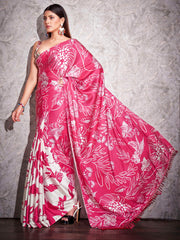 Two ways wearable cream and pink colored digital printed floral satin saree with tassles