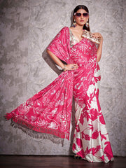 Two ways wearable cream and pink colored digital printed floral satin saree with tassles