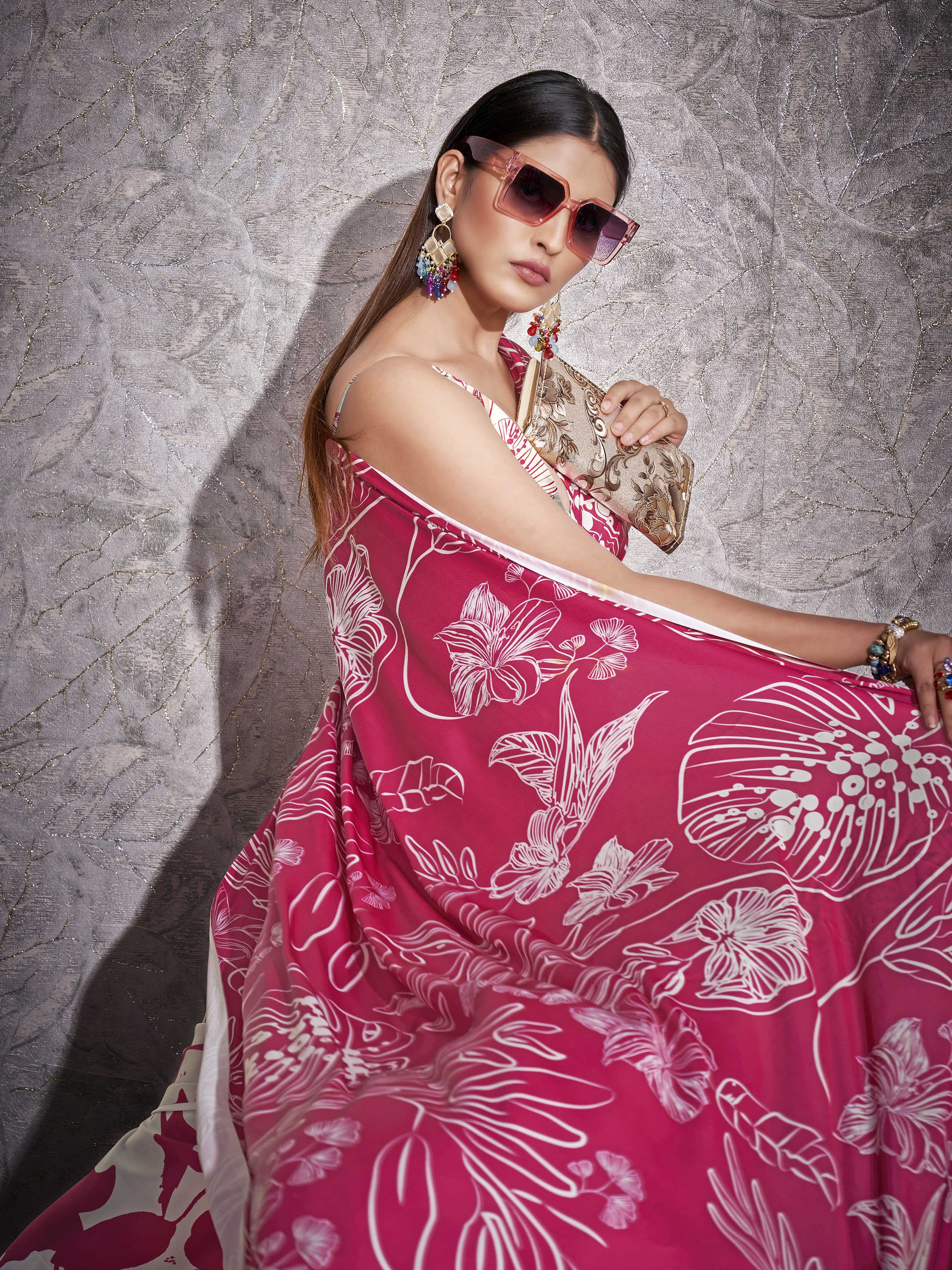 Two ways wearable cream and pink colored digital printed floral satin saree with tassles