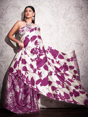 Two ways wearable cream and violet colored digital printed floral satin saree with tassles