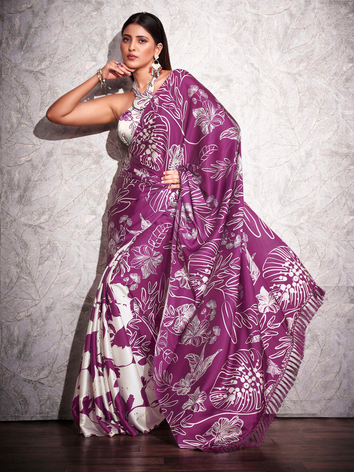 Two ways wearable cream and violet colored digital printed floral satin saree with tassles