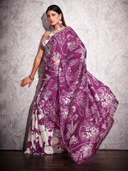 Two ways wearable cream and violet colored digital printed floral satin saree with tassles