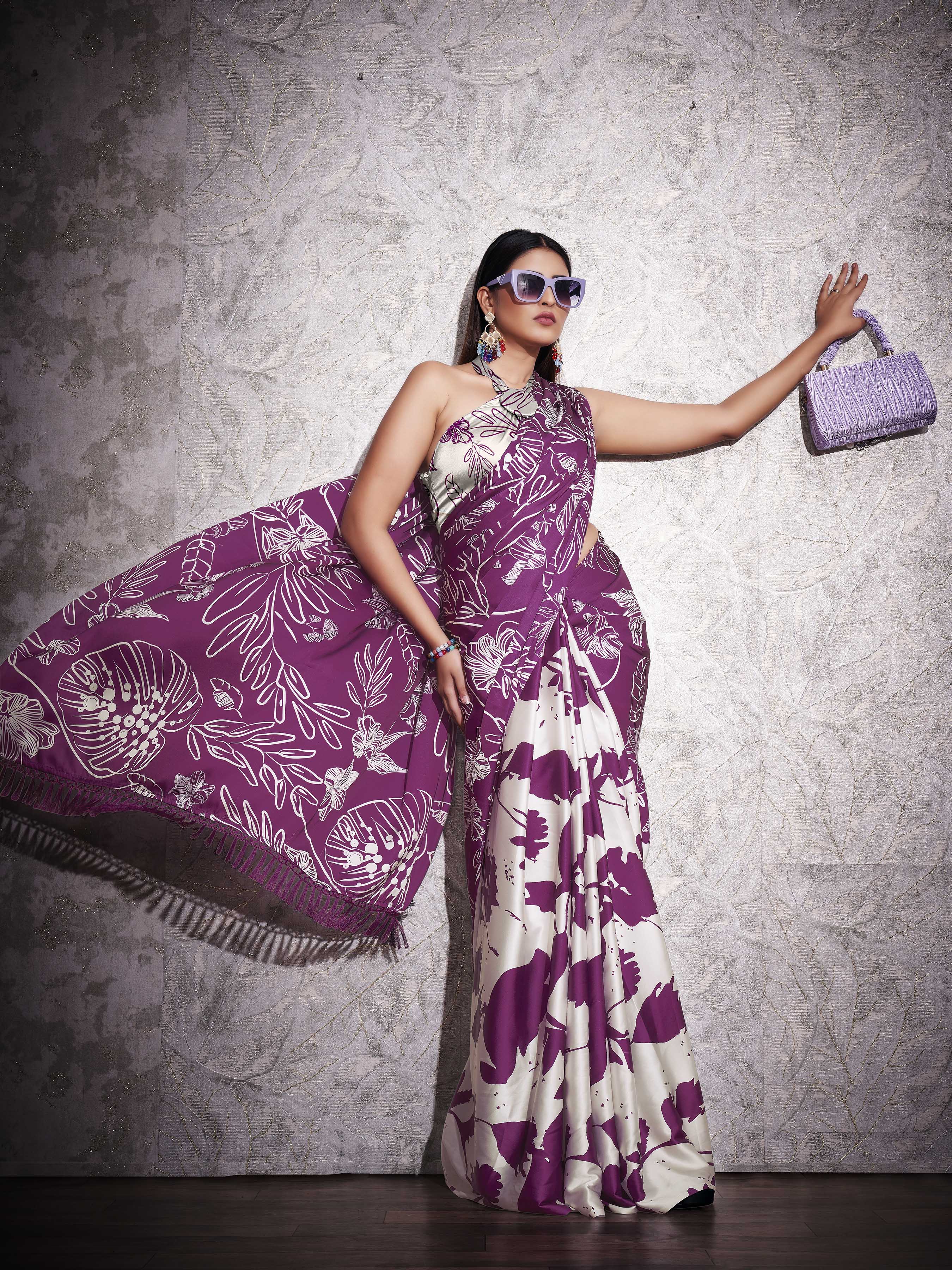 Two ways wearable cream and violet colored digital printed floral satin saree with tassles