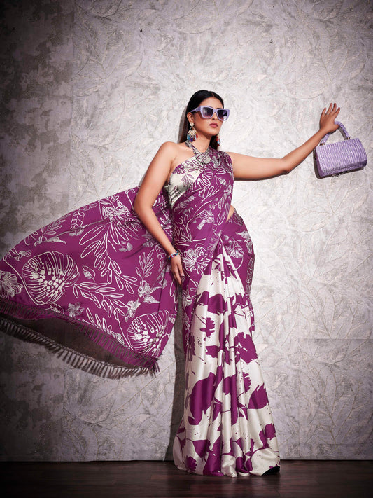 Two ways wearable cream and violet colored digital printed floral satin saree with tassles