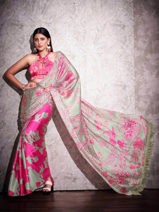 Two ways wearable grey and pink colored digital printed floral satin saree with tassles